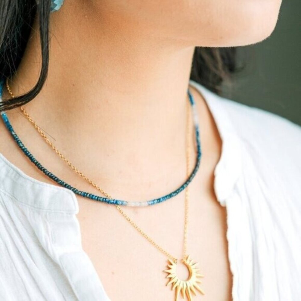 GORGEOUS Ombre Sapphire Necklace + Bracelet Set Waterproof Gold Genuine Gemstone - Picture 3 of 12
